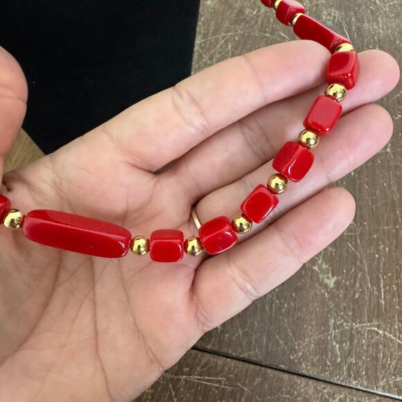 Artisan Made Red & Gold Bead statement necklace and dangle earring set - Picture 5 of 6